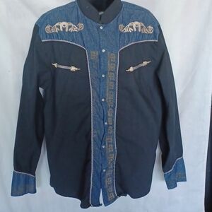 El General Unisex Black & Blue Western Pearl Snap Embellished Shirt Southwestern